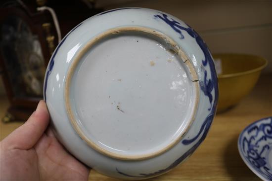 A Chinese yellow ground bowl (a.f.)and two blue and white dishes 19cm. & 16cm.